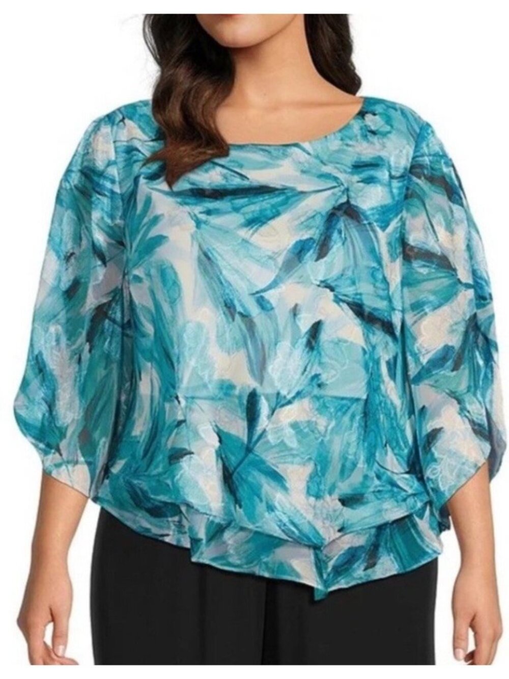 Alex Evenings XL Blouse 3/4 Sleeve Layers Asymmetrical Aqua Blue Floral NEW